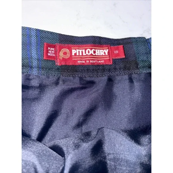 PITLOCHRY Scotland Pure Wool Pleated Tartan Skirt Womens 18 Lined Kilt Green VTG - Picture 2 of 8